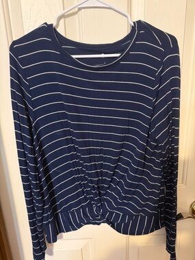 SO Navy and White Striped Long-Sleeve Twist Front Top